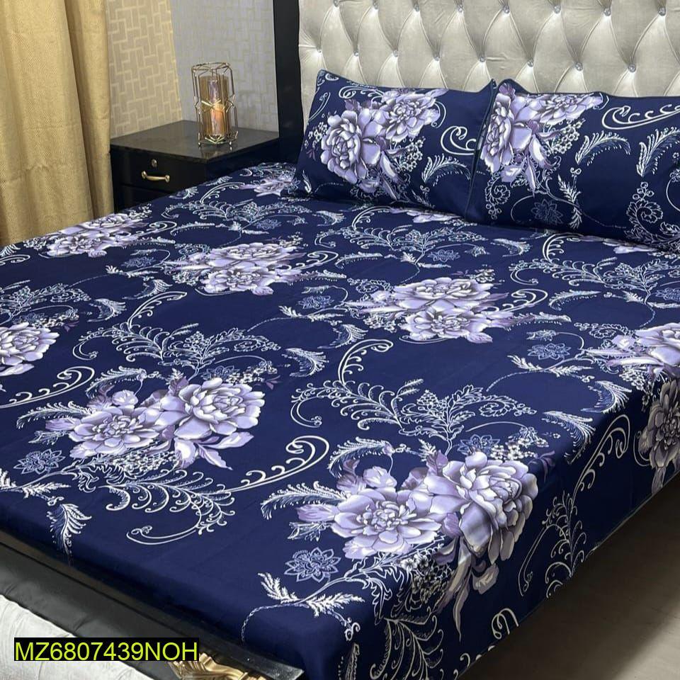 Navy Blue Floral Crystal Cotton Bedsheet Set Double Size