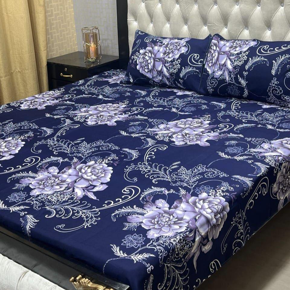 Navy Blue Floral Crystal Cotton Bedsheet Set Double Size