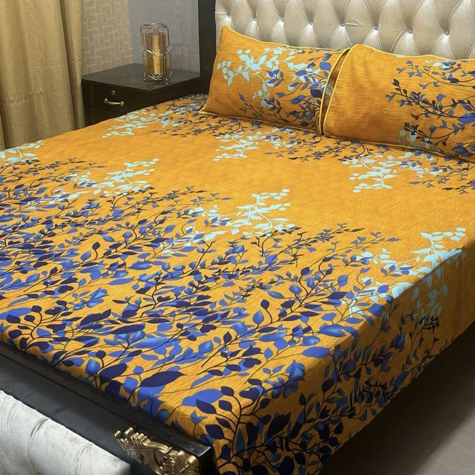 Crystal Cotton Double Bedsheet Set Mustard Yellow Floral Print