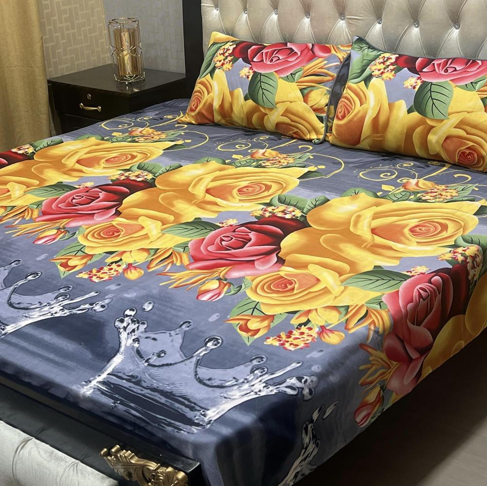 Crystal Cotton Printed Double Bedsheet Set Grey Rose Design