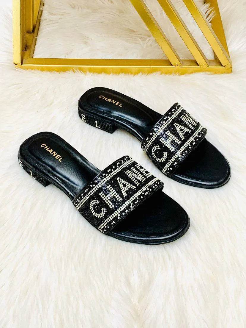 Black Rhinestone Chanel Slides Women Casual Flats