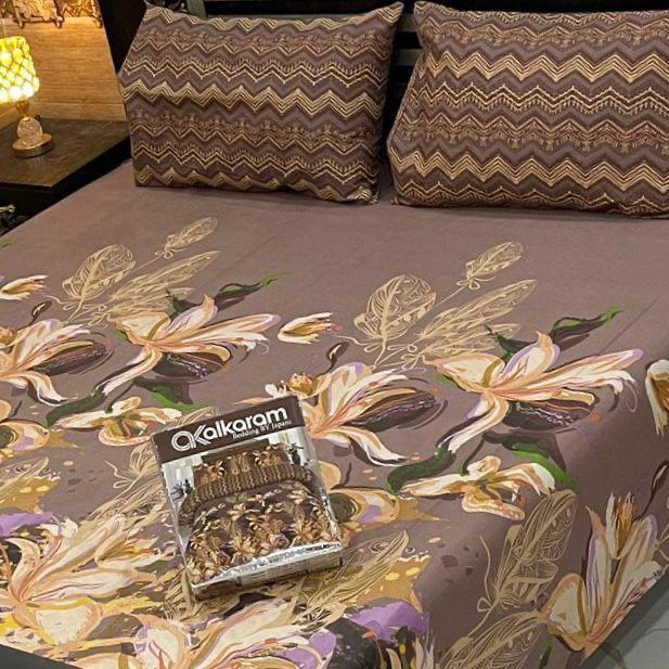 Double Bed Cotton Printed Set Brown 3Pc Pakistan