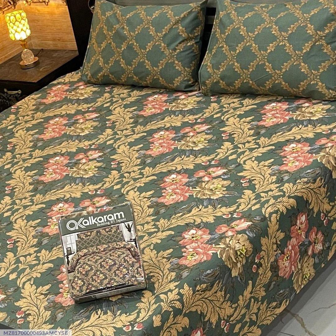 Green Floral Bedsheet Set Double Bed Mix Cotton