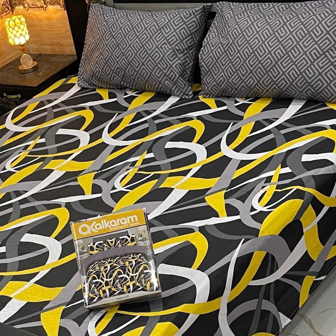 Double Bedsheet Set Cotton Salonica Black Yellow Gray Print