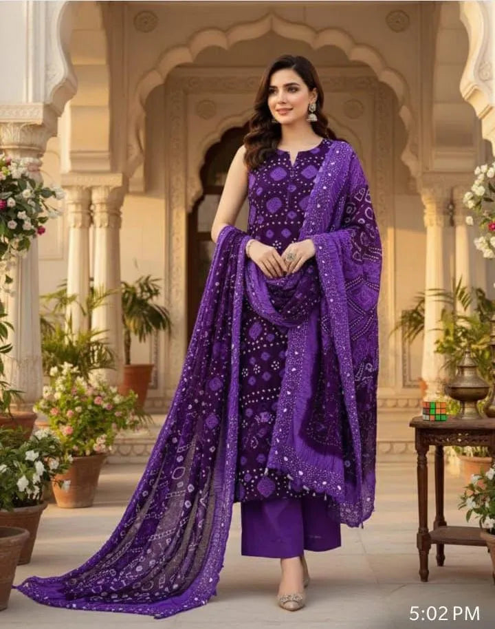 Purple Printed 3-Piece Unstitched Suit for Women