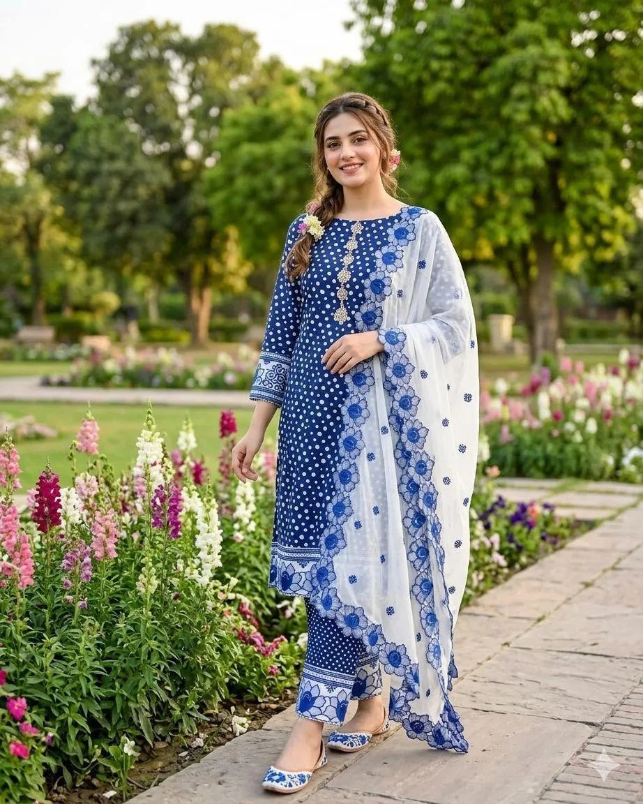 Blue Digital Print Lawn Shirt with Embroidered Cotton Trouser & Chiffon Dupatta