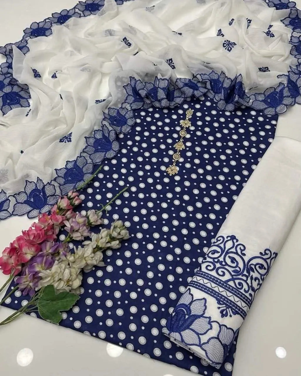 Blue Digital Print Lawn Shirt with Embroidered Cotton Trouser & Chiffon Dupatta