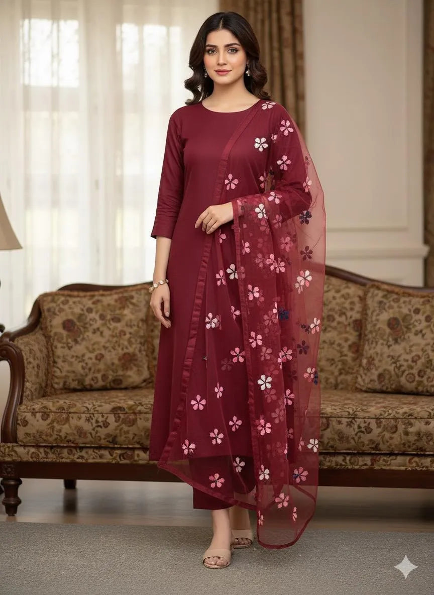 Maroon Embroidered Net Suit for Women Wedding Party Wear