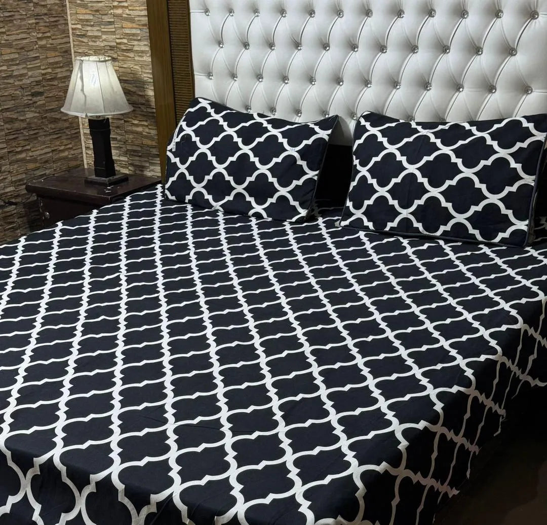 Black White Geometric Crystal Cotton Double Bedsheet Set