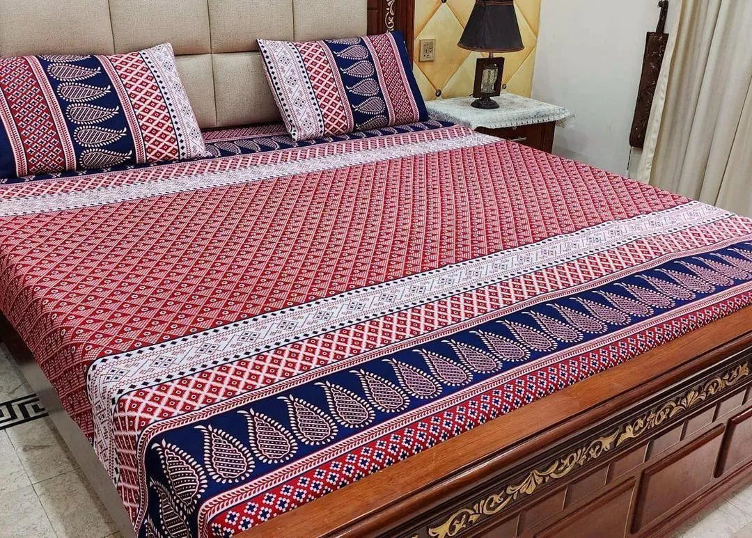 Crystal Cotton Double Bedsheet Set Red Navy Paisley 3Pc