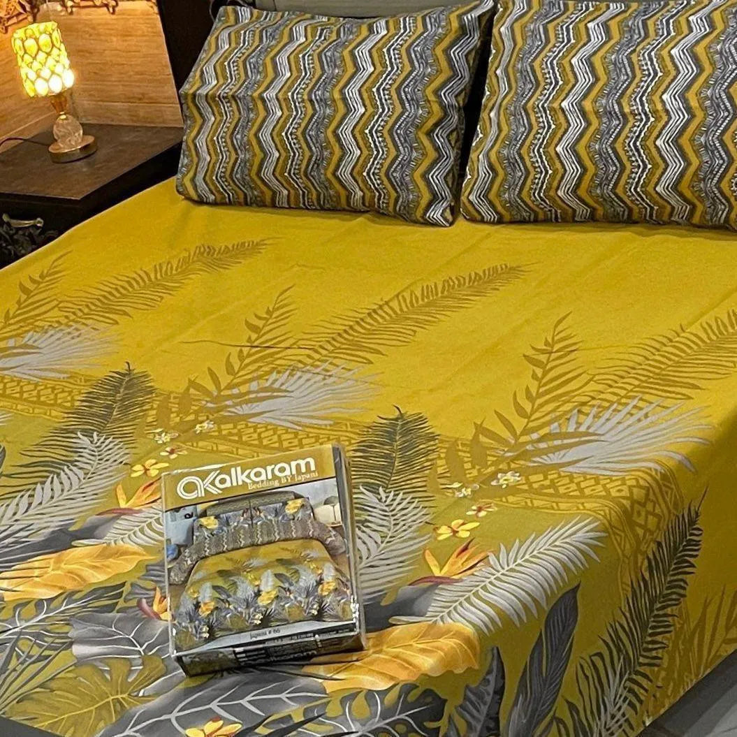 Double Bed Sheet Set Yellow Tropical Leaf Print Mix Cotton
