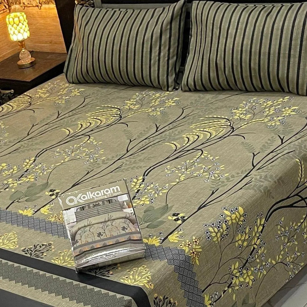 Double Bedsheet Mix Cotton Floral Print Brown 3 Pcs