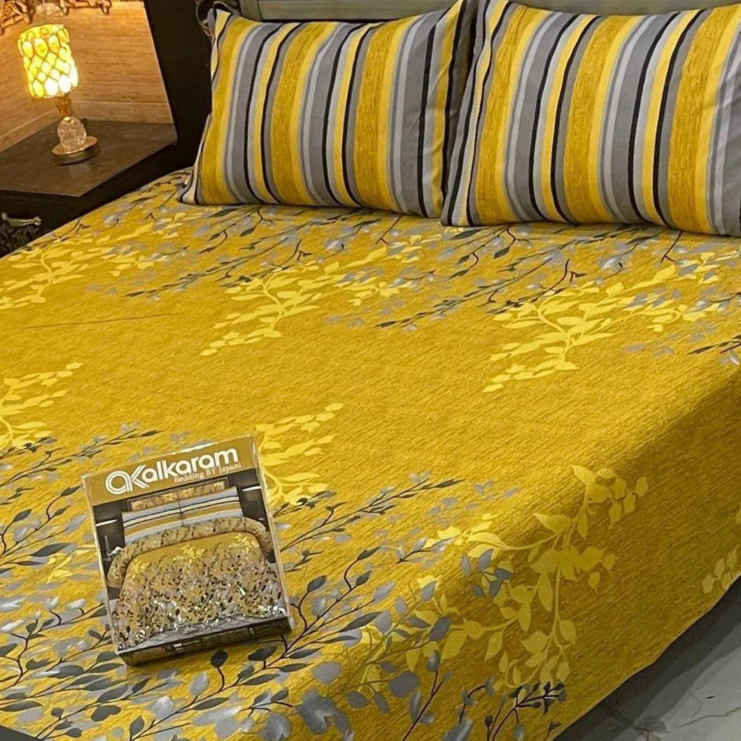 Double Bedsheet Yellow Floral Mix Cotton 3 Pcs Set