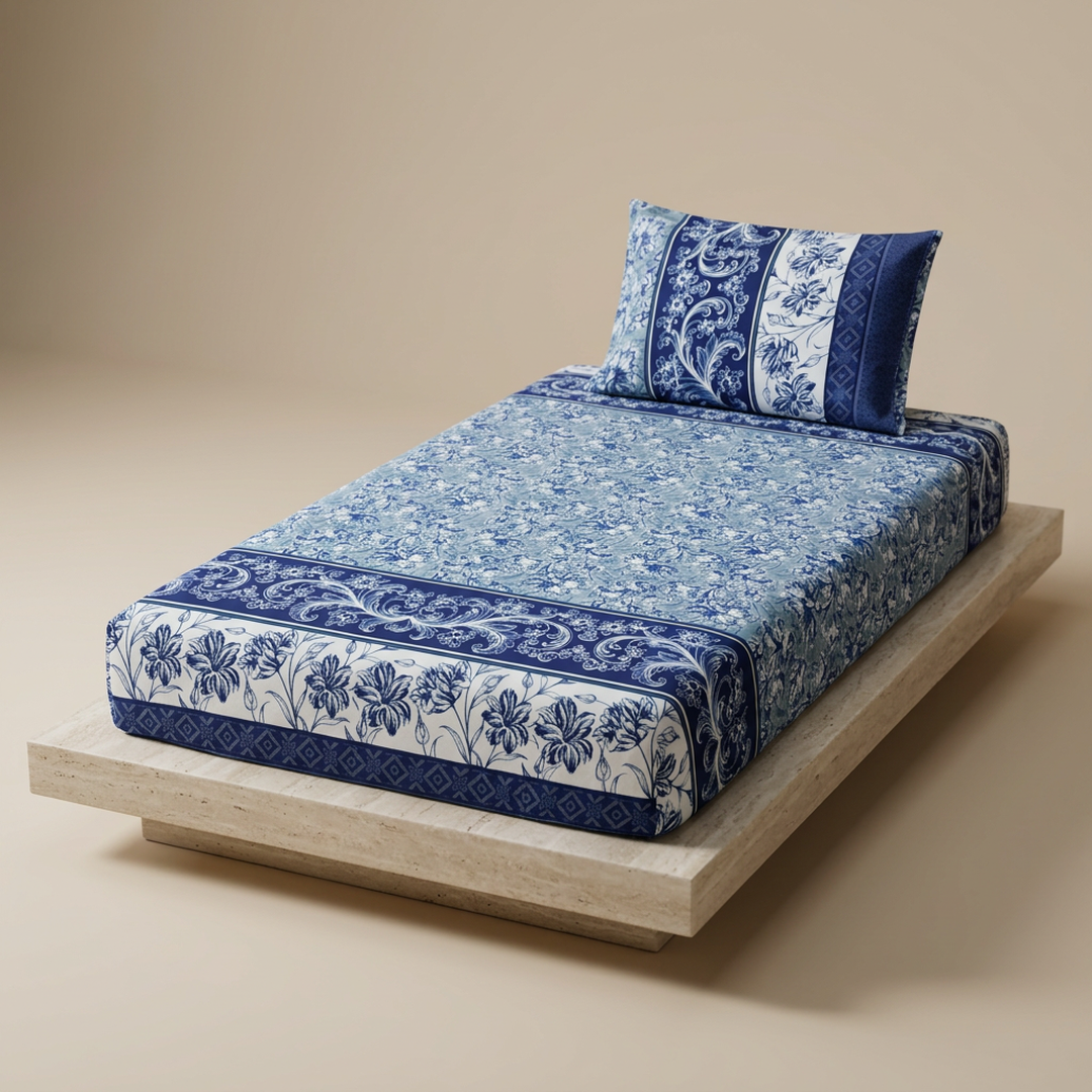 Premium Cotton Single Bedsheet Set Blue Floral Print