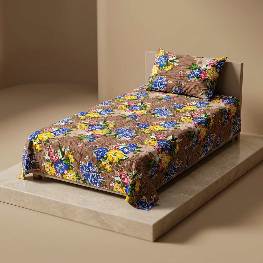 Crystal Cotton Printed Bedsheet Set 4Pcs Brown Single Bed