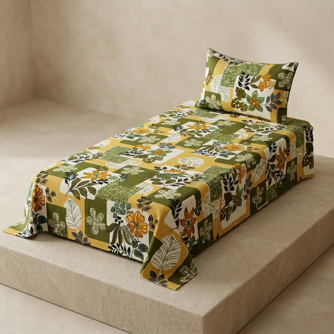 Single Bed Floral Printed Bedsheet Set Green Yellow