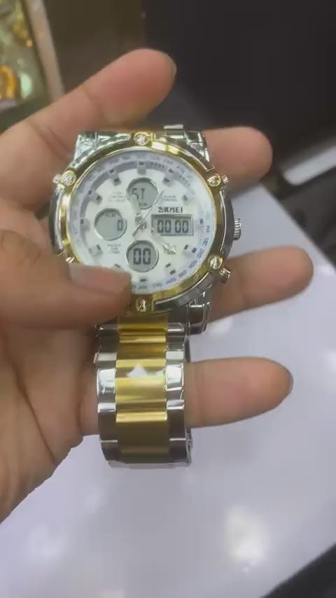 SKMEI 1389 Men’s Digital Analog Business Watch – Two-Tone Gold & Silver Stainless Steel Chronograph With Matte White Dial - Without Box.